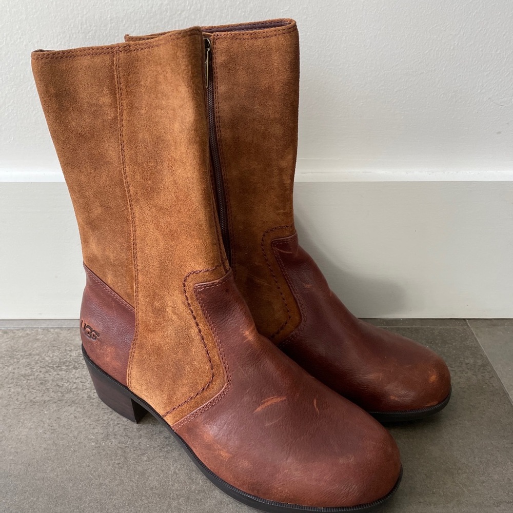 Ugg LOU Distressed Suede Heeled Dk Chestnut Boot Size 7 Mid Calf Bootie